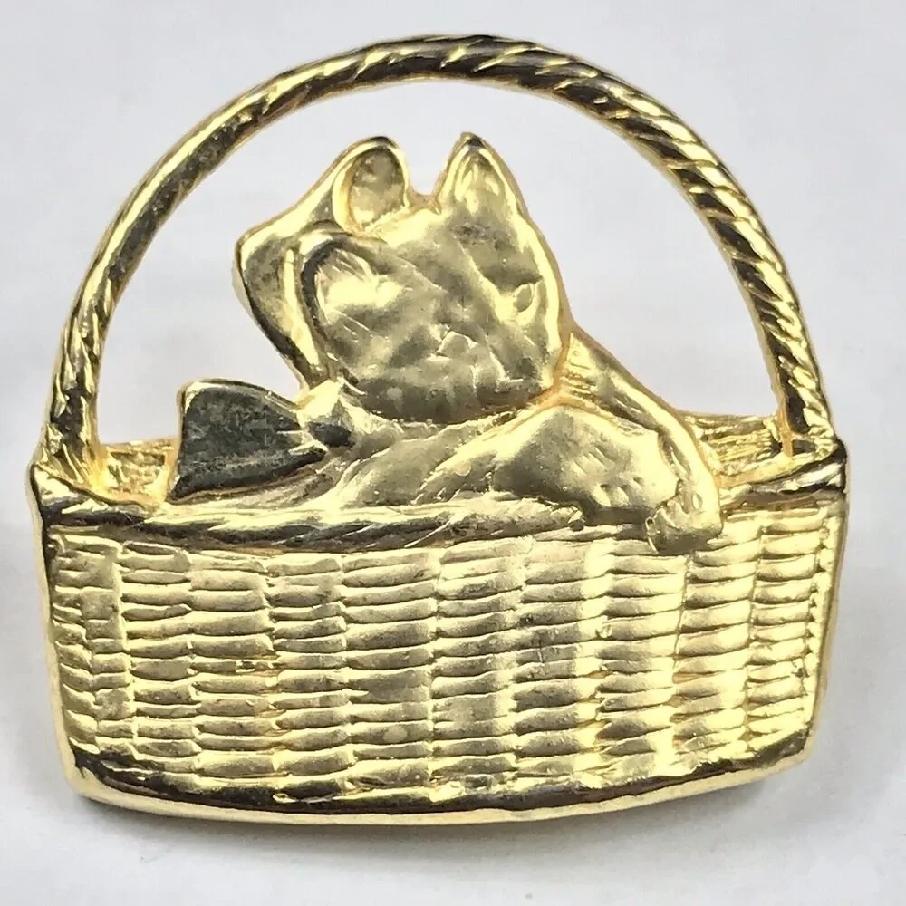 Cat in Basket Gold Tone Vintage Pin Brooch